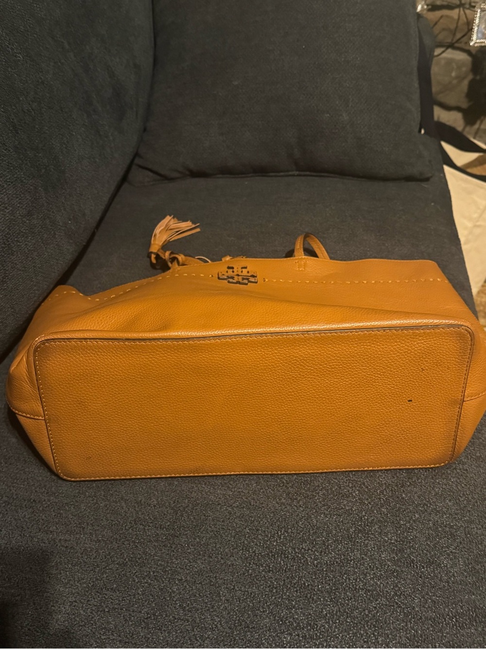 Tory Burch McGraw Tan Leather Tote with Tassel and Logo - Picture 10 of 12